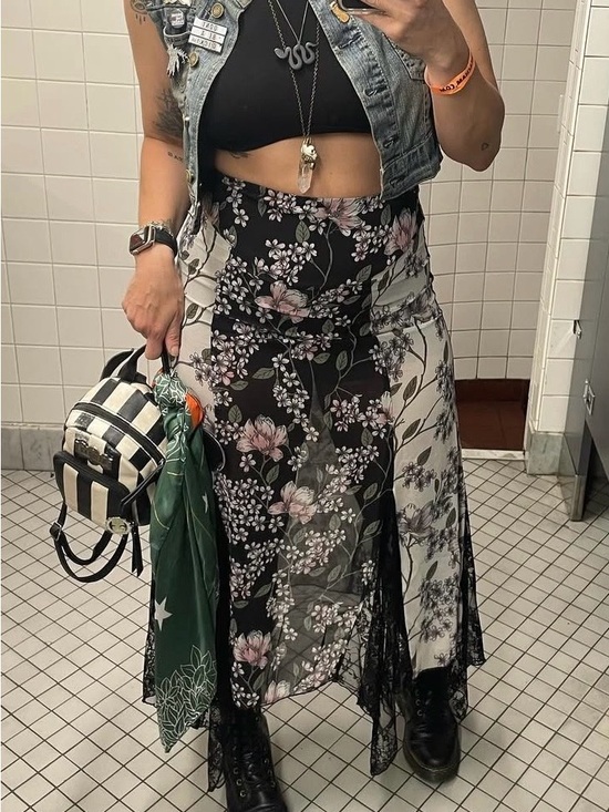 Dolls Kill Dresses & Skirts - Dolls Kill Black & Cream Floral Asymmetrical Lace-Trim Skirt